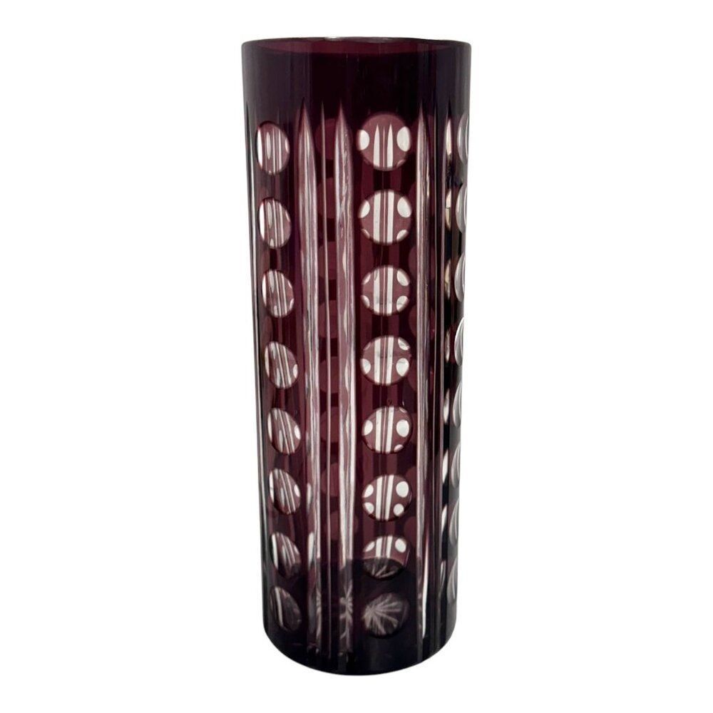 Vintage Hand Cut Bohemian Crystal Vase  Circles Lines Geometric In Deep Amethyst